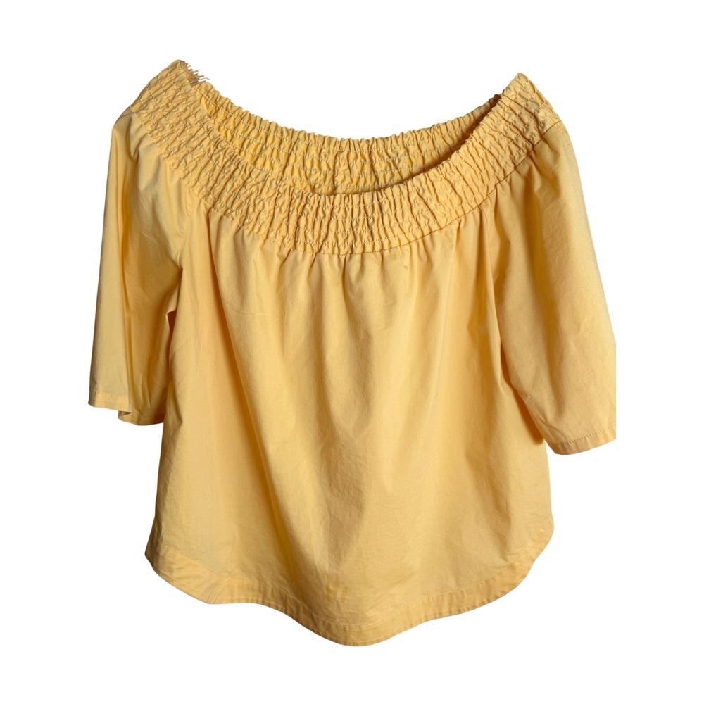 New York & Company Smocked Top Womens L Yellow Cotton Blend Off Shoulder